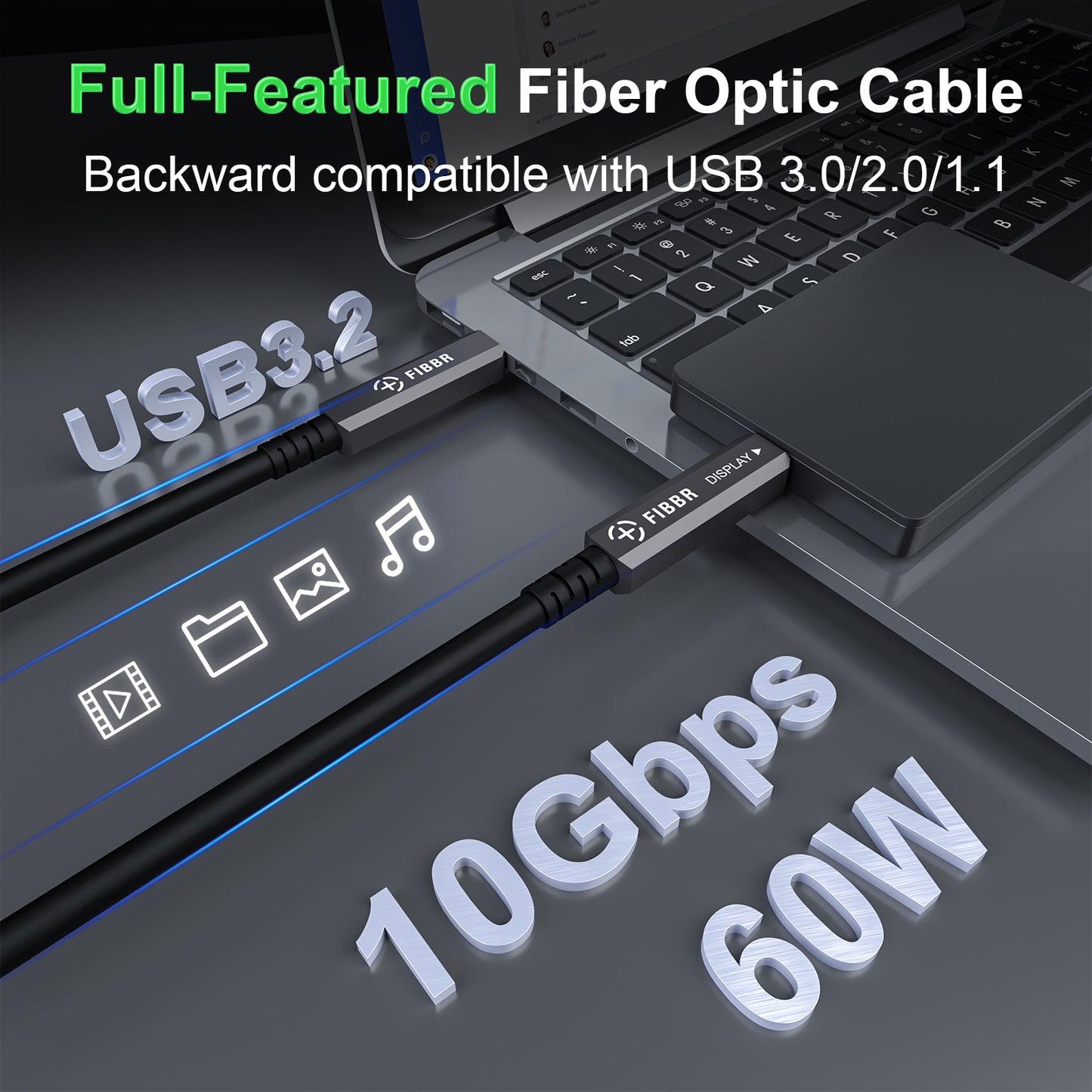FIBBR Full-Featured Fiber Optic USB C to USB C Cable, 10Gbps Long Distance USB 3.2 GEN2 Video Cable with PD 60W for VR Headsets/AR, Webcam, Camera, Laptop, Mini PC and More