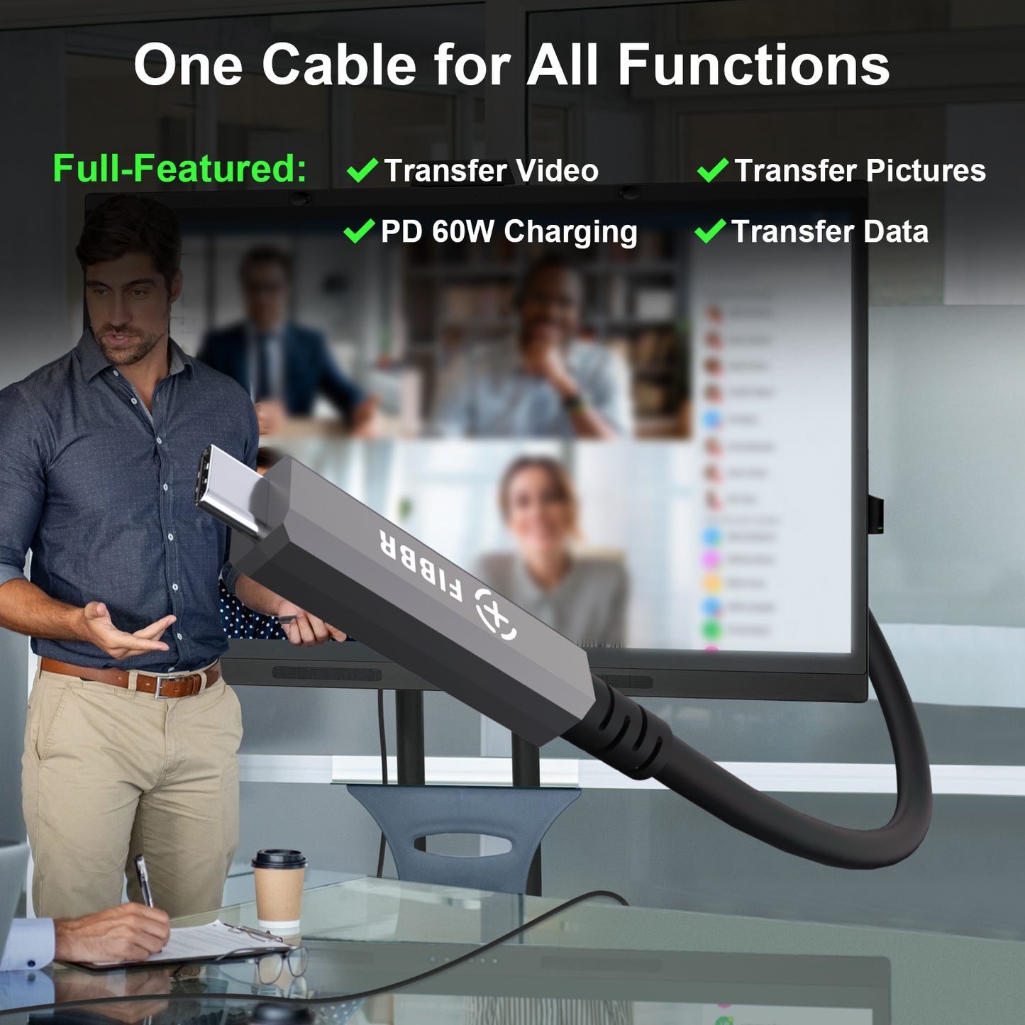 FIBBR Full-Featured Fiber Optic USB C to USB C Cable, 10Gbps Long Distance USB 3.2 GEN2 Video Cable with PD 60W for VR Headsets/AR, Webcam, Camera, Laptop, Mini PC and More